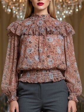 Ann Taylor Brown Floral Ruffle Blouse | Size XS | Soft Feminine Detail